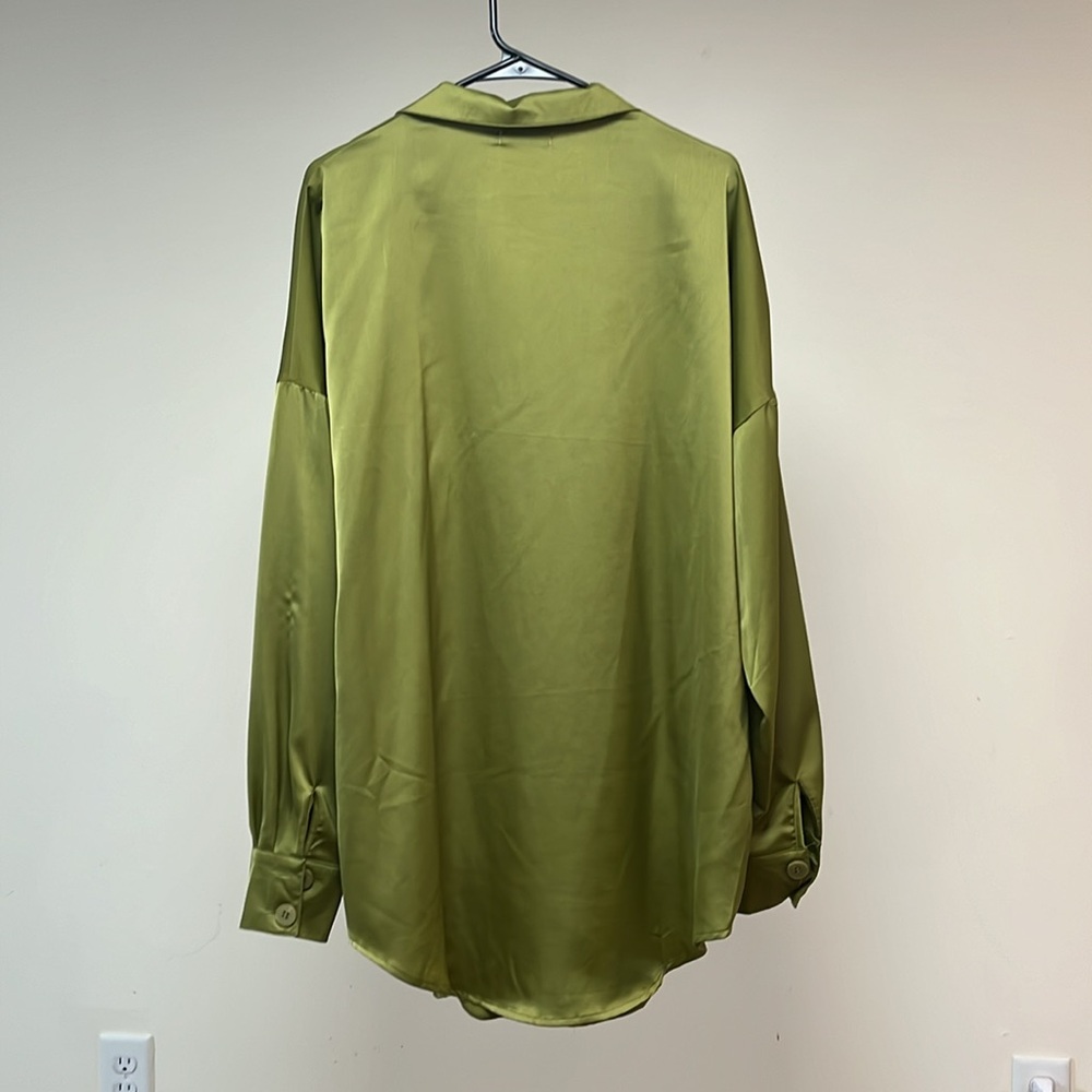 Nasty Gal Green Satin Longline Button-Up Shirt - image 3